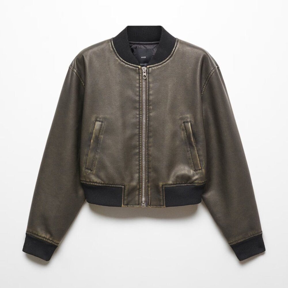 Faux Leather Worn Effect Bomber Jacket Elastic Cuffs Worn Once